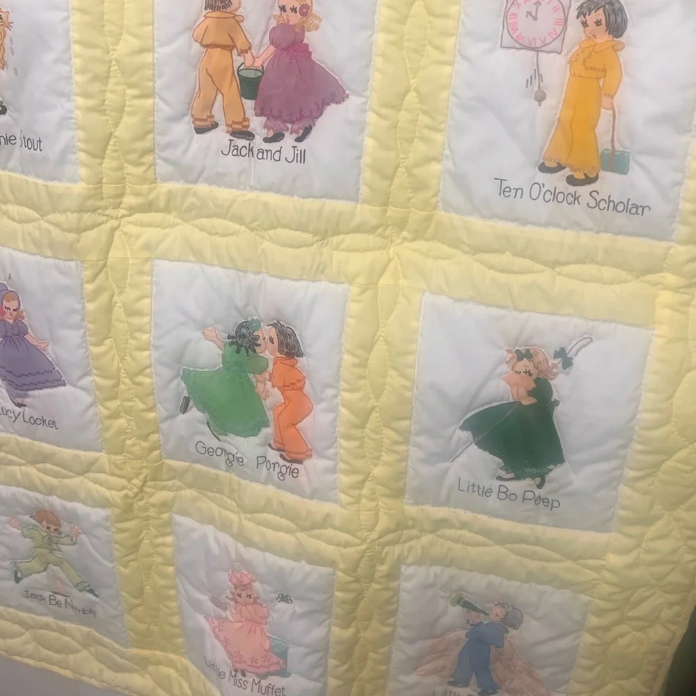 Vintage Handmade Nursery Rhyme Quilt – Embroidered & Hand-Quilted – Yellow